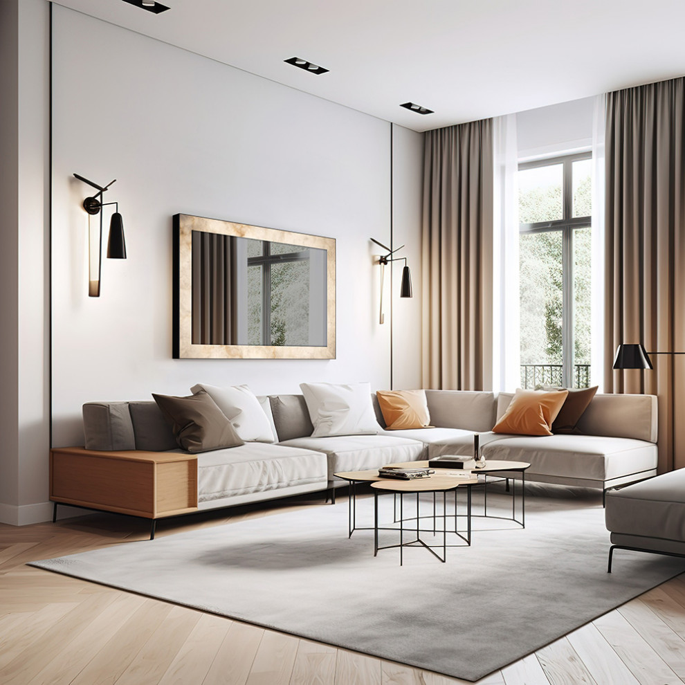 Diseño de salón minimalista con televisor retractable