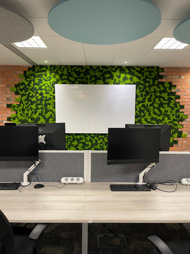 Design ideas for a mid-sized country home office in West Midlands with green walls.