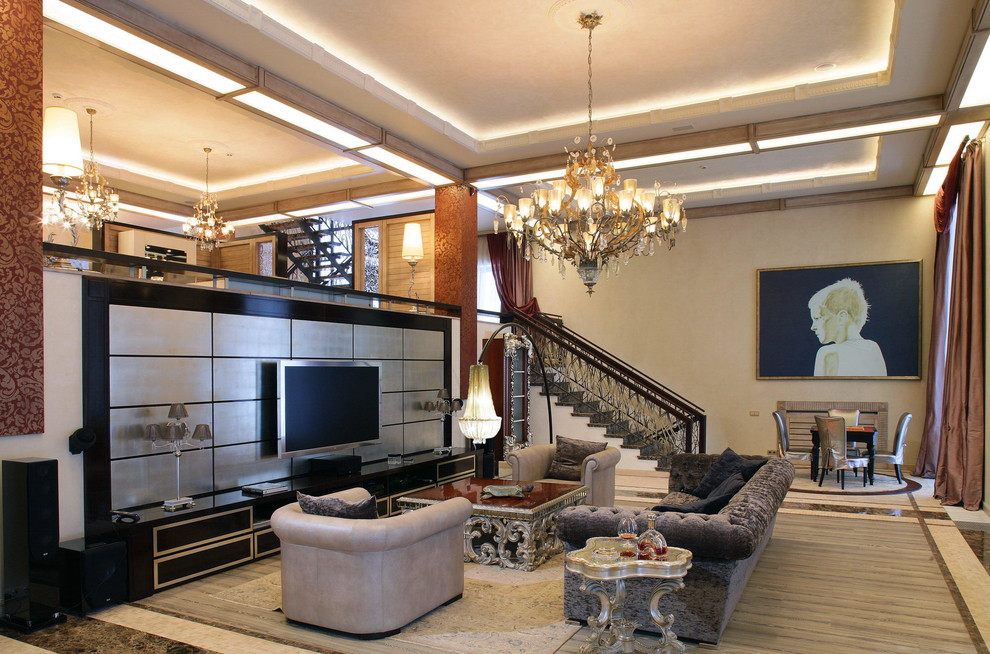 Inspiration for a traditional formal open concept living room in Moscow with a wall-mounted tv and beige walls.