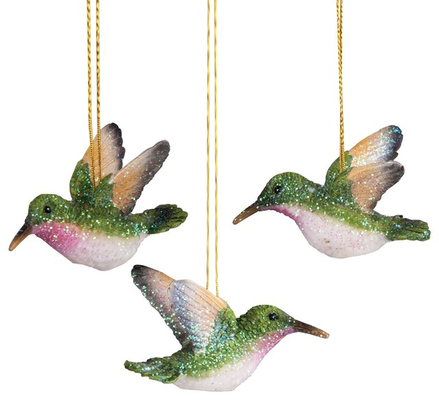 Glittered Hummingbirds in Flight Christmas Holiday Ornaments Set of 3