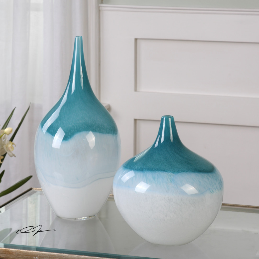 Large Teardop Shape Glass Vase Set, Blue Green Turquoise Elegant