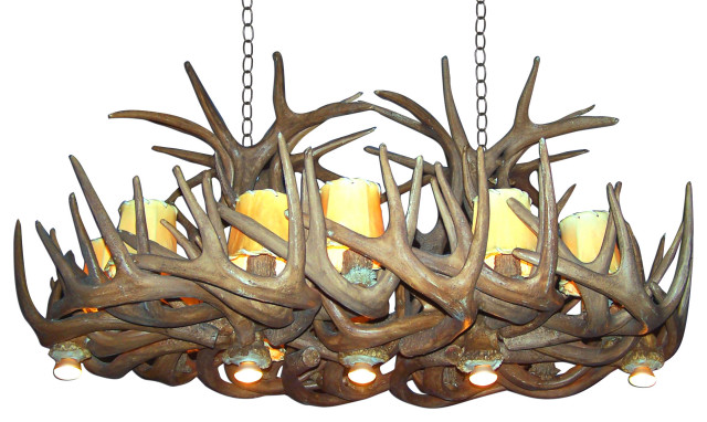 Reproduction Antler Whitetail Chandelier Oblong, Parchment Shades, 5 Dl