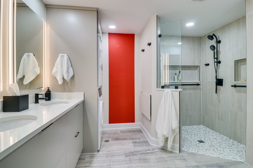 Inspiration for a large contemporary master bathroom in DC Metro with a curbless shower, a bidet, an undermount sink, engineered quartz benchtops, an open shower, a laundry, a double vanity and a built-in vanity.