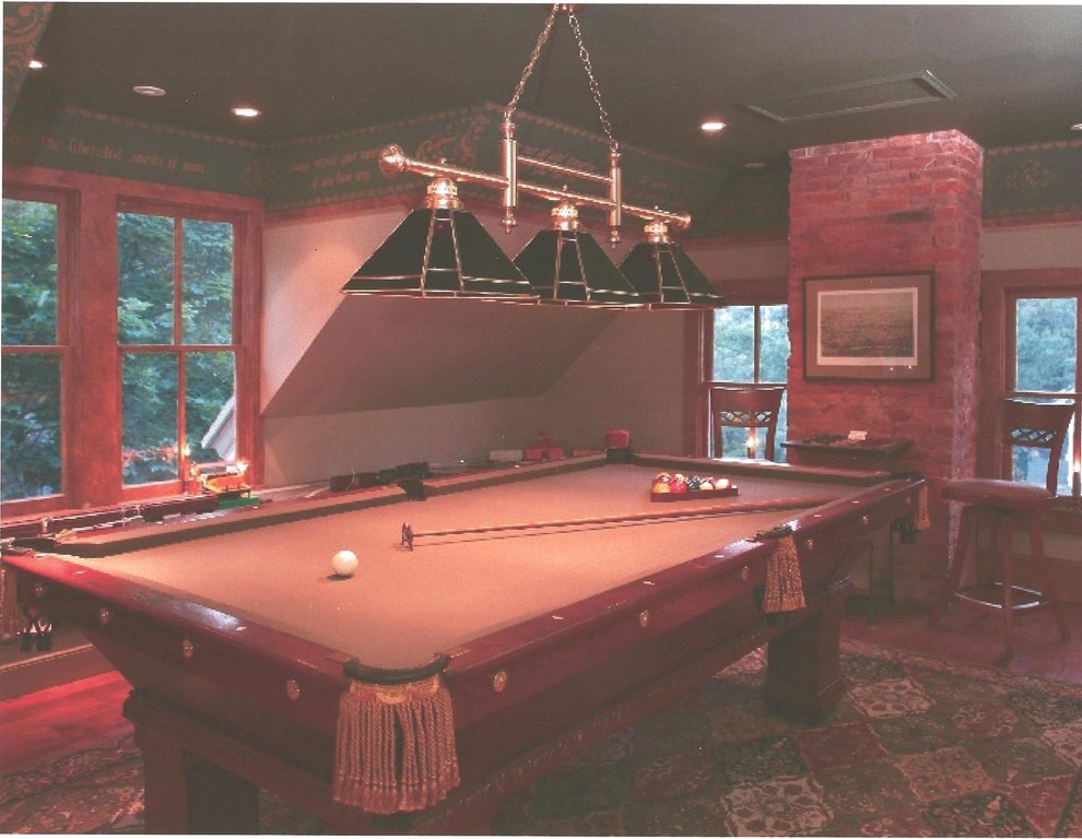 Small eclectic enclosed games room in Philadelphia with a game room, green walls and medium hardwood flooring.