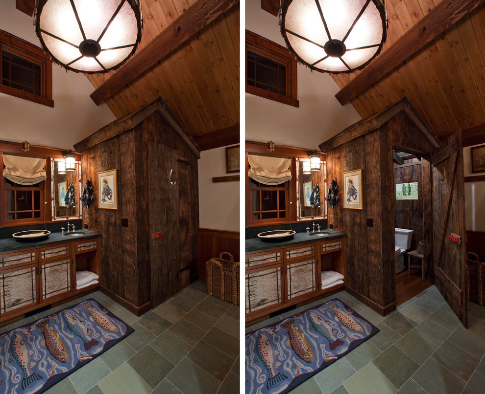 Large mountain style home design photo in Boston