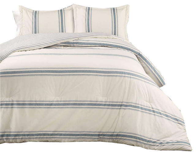 Farmhouse Stripe Comforter Blue 3Piece Set King Beach Style