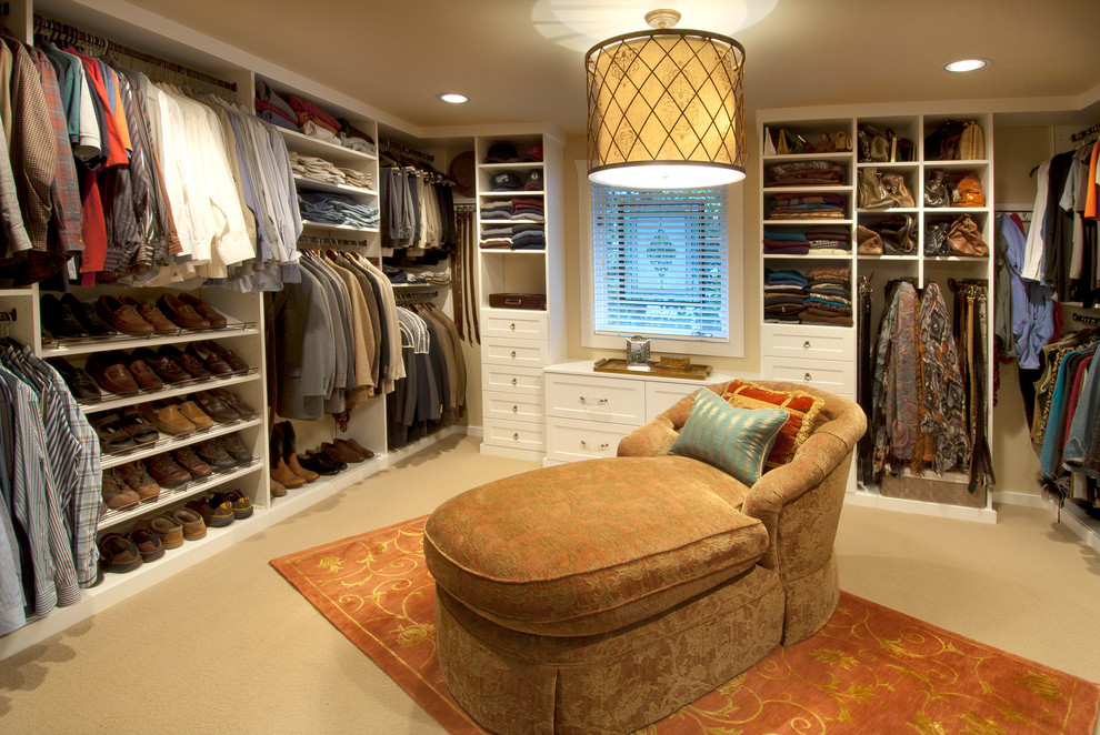 Traditional storage and wardrobe in Seattle with carpet and white cabinets.
