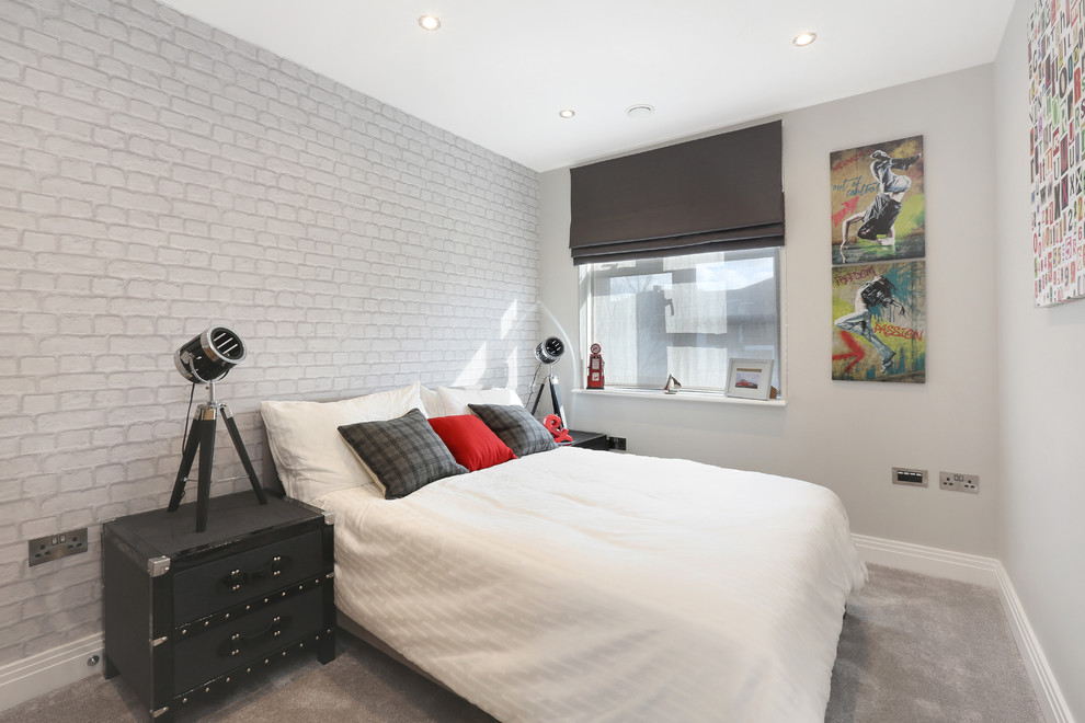 Mid-sized modern teen room in Hertfordshire with grey walls, carpet and grey floor for boys.