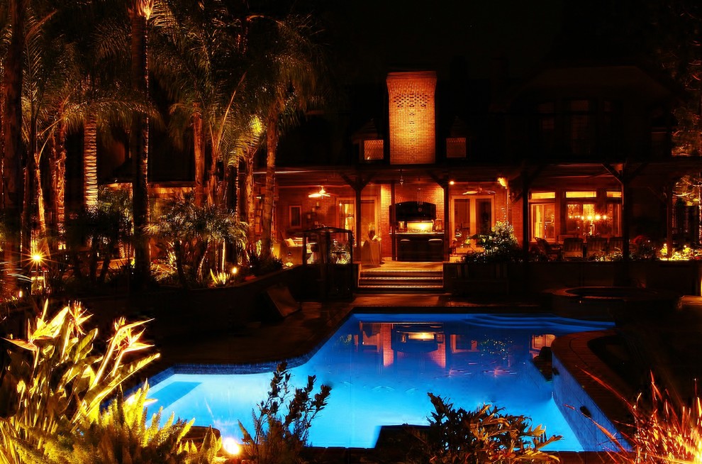 Expansive tropical backyard custom-shaped pool in Orange County.
