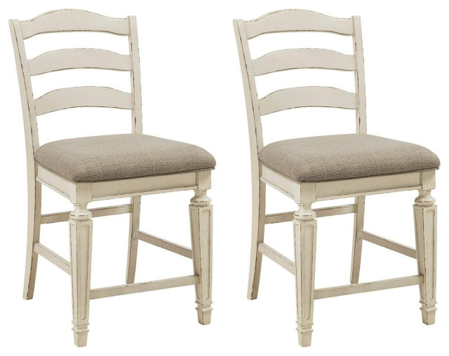 2 Pack Counter Stool, Carved Front Legs & Ladder Back, Distressed Chipped White