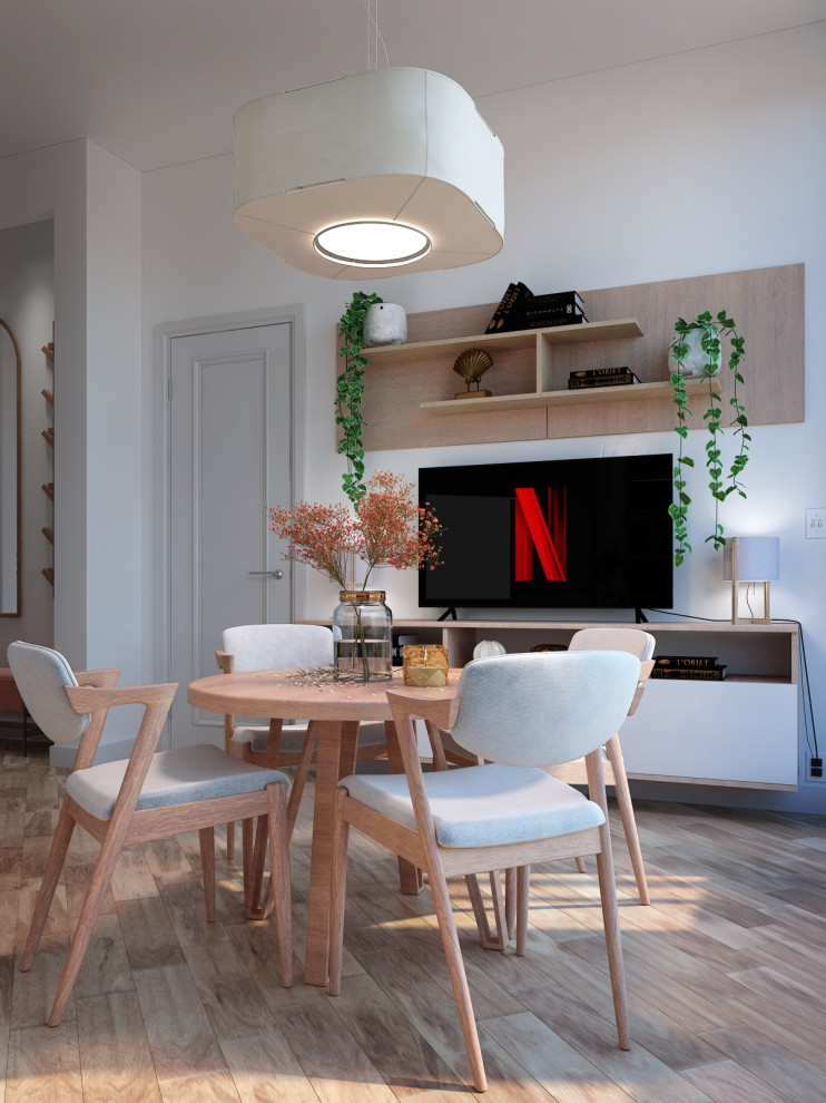 Kleines, Offenes Skandinavisches Wohnzimmer mit weißer Wandfarbe, hellem Holzboden, TV-Wand und braunem Boden in Mailand