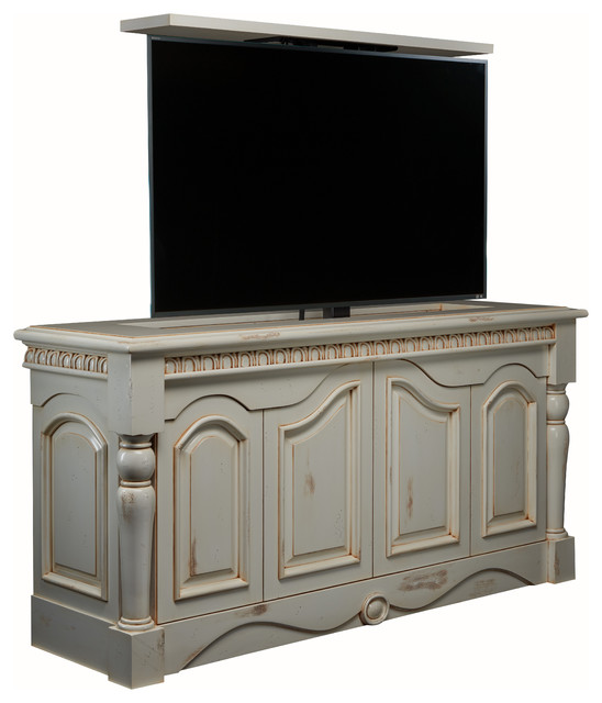 Denver Colorado hand carved TV lift hides flat screen