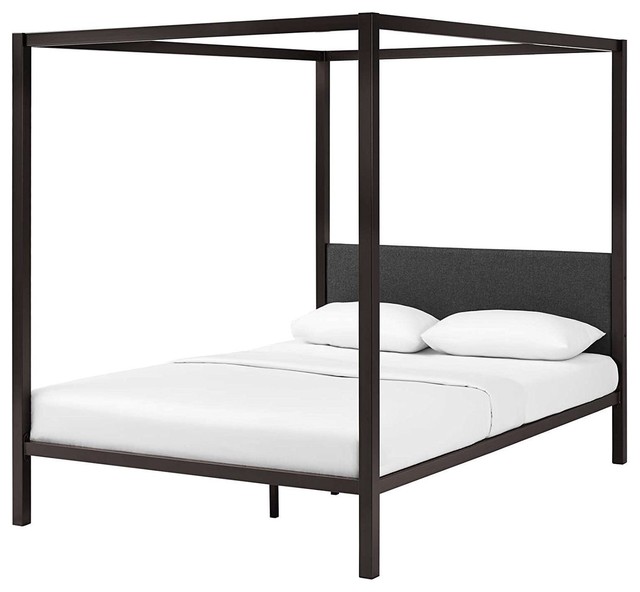 Queen Size Brown Metal Canopy Bed Frame With Grey Upholstered Queen Size Brown Metal Canopy Bed Frame