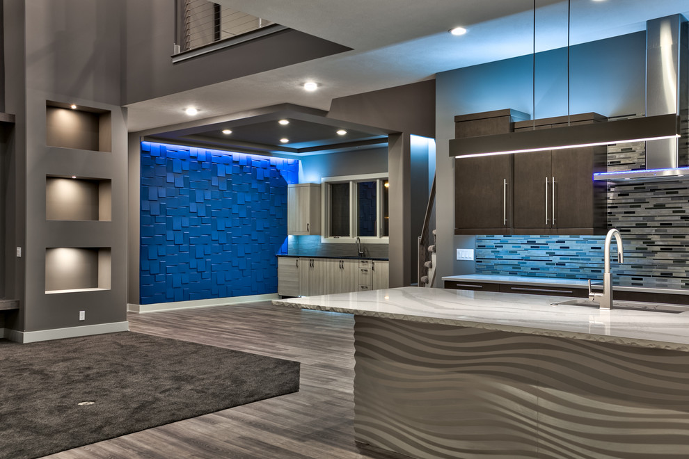 Design ideas for a large modern galley eat-in kitchen in Omaha with an undermount sink, flat-panel cabinets, dark wood cabinets, quartzite benchtops, metallic splashback, metal splashback, stainless steel appliances, vinyl floors and with island.