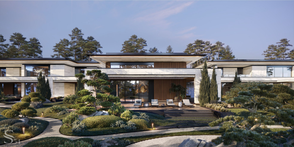 Терраса с шезлонгами во дворе СПА-блока