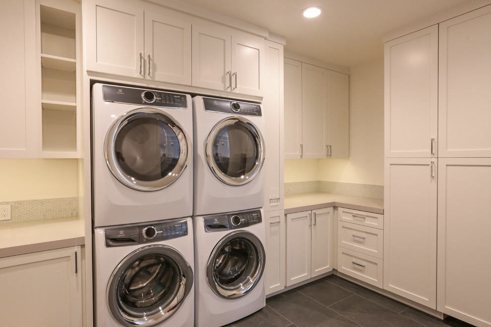 Design ideas for a contemporary laundry room in San Francisco with shaker cabinets, white cabinets and beige walls.