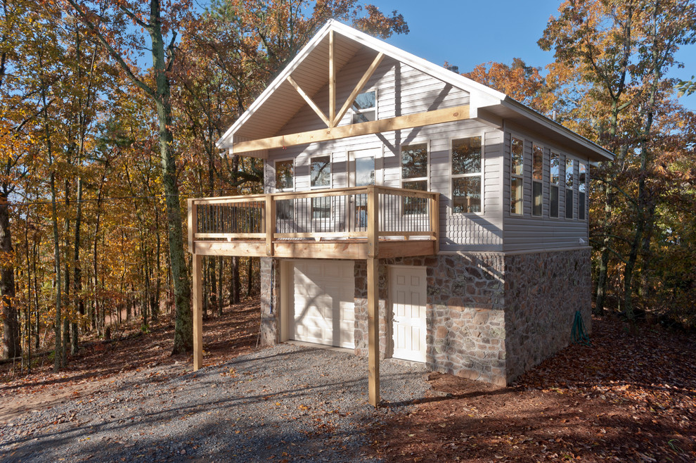 Design ideas for a small arts and crafts two-storey grey apartment exterior in Atlanta with mixed siding, a gable roof and a shingle roof.