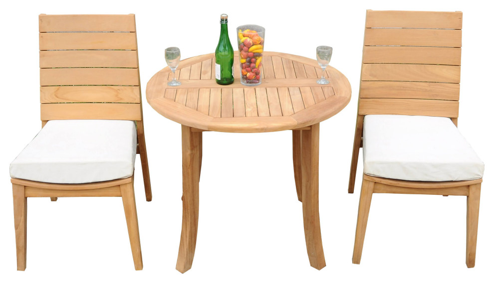 3Piece Outdoor Teak Dining Set 36" Round Table, 2 Char Stacking