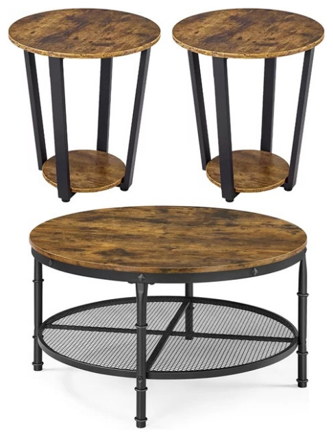 3 Pieces Coffee Table Set, Metal Frame With Round Top, Mesh Shelf, Rustic Brown