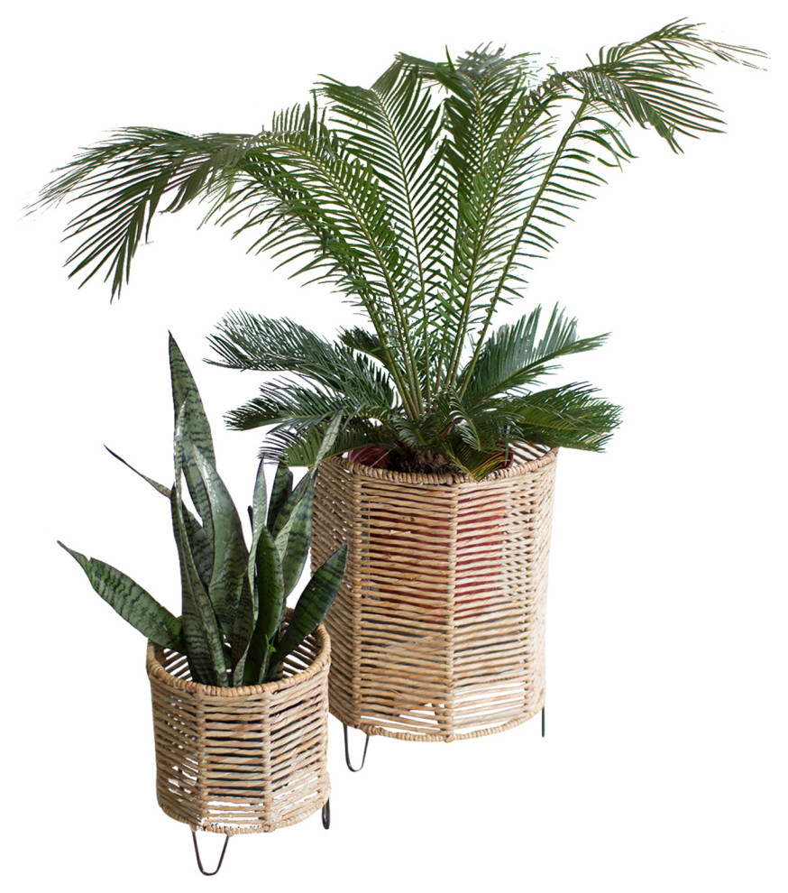 Natural Round Woven Rush Baskets 2-Piece Set Metal Frame Stand Storage Planters