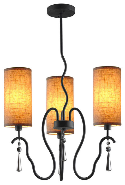 Haley 3-Light Chandelier, Seedy and Plated Amber Glass, Fabric Shade, Beige Shad