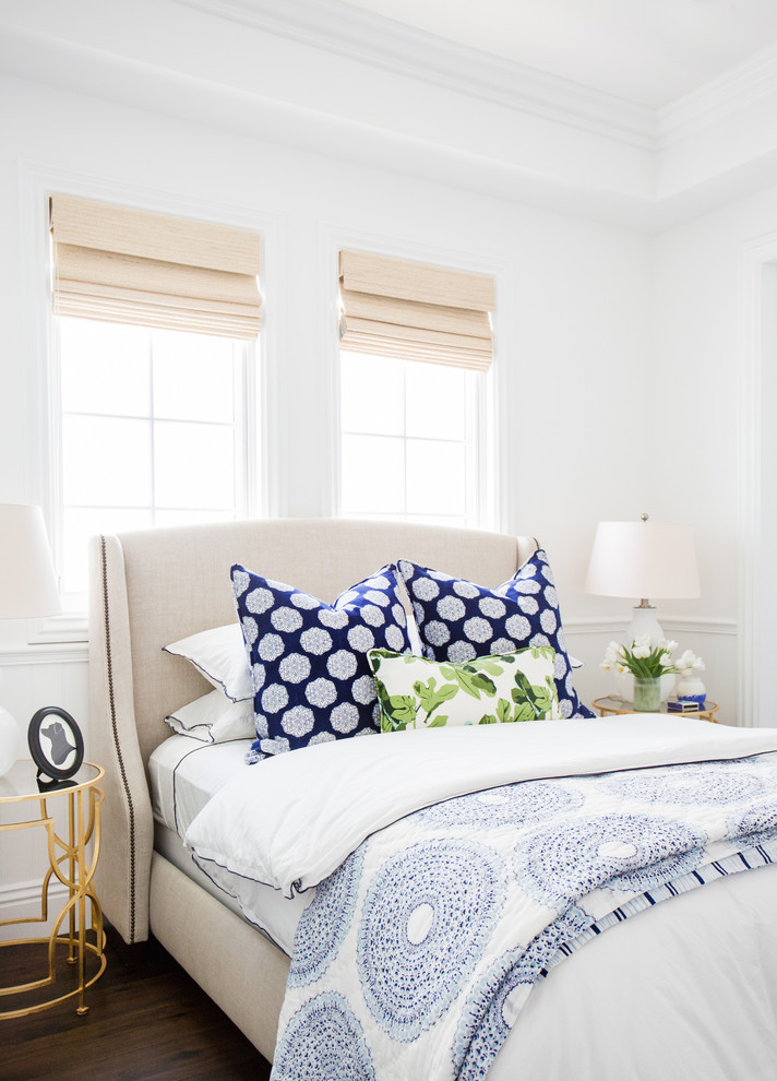 Inspiration for a mid-sized transitional guest bedroom in Los Angeles with white walls and dark hardwood floors.