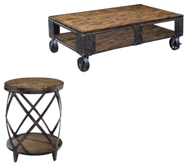 2 Piece Coffee and Accent Table Set in Distressed Pine Industrial