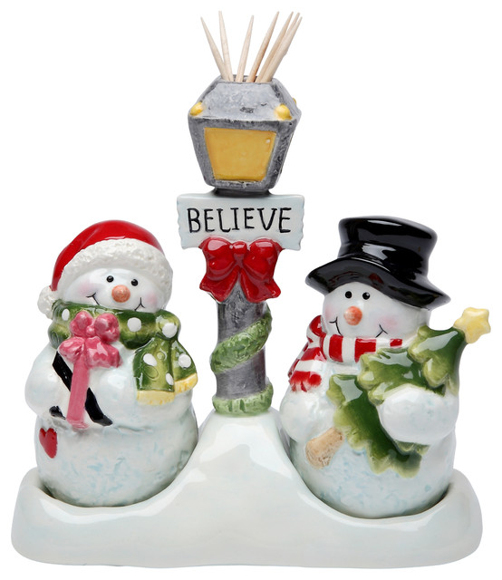Snowman Salt and Pepper Shaker and Toothpick Holder Set Contemporary