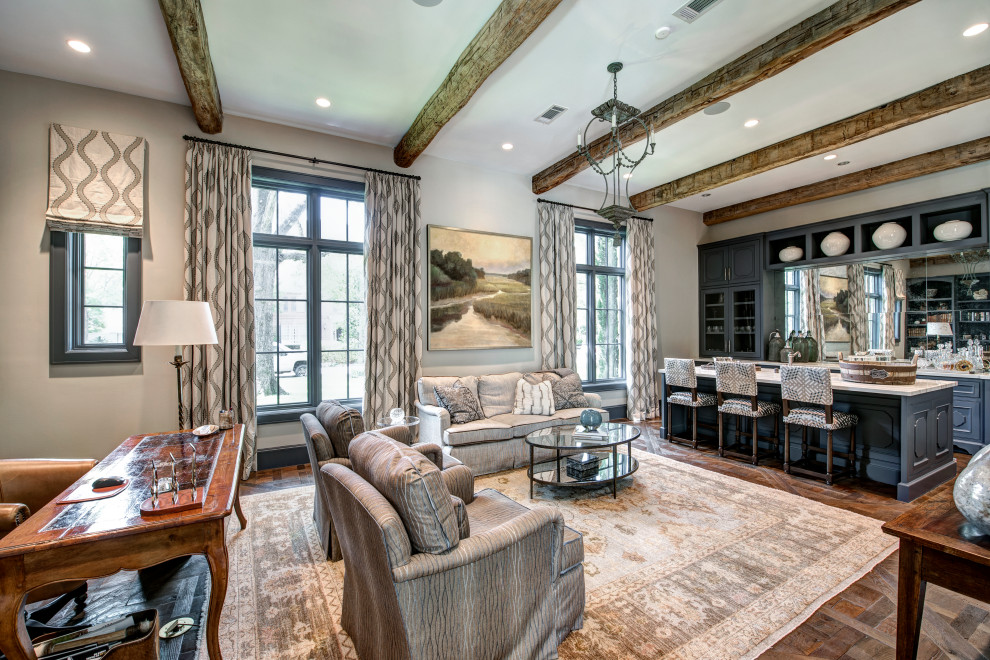 Open concept family room in Houston with grey walls, dark hardwood floors and brown floor.