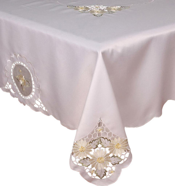 Elegant Daisy Embroidered Cutwork Tablecloth, 70x120 Traditional