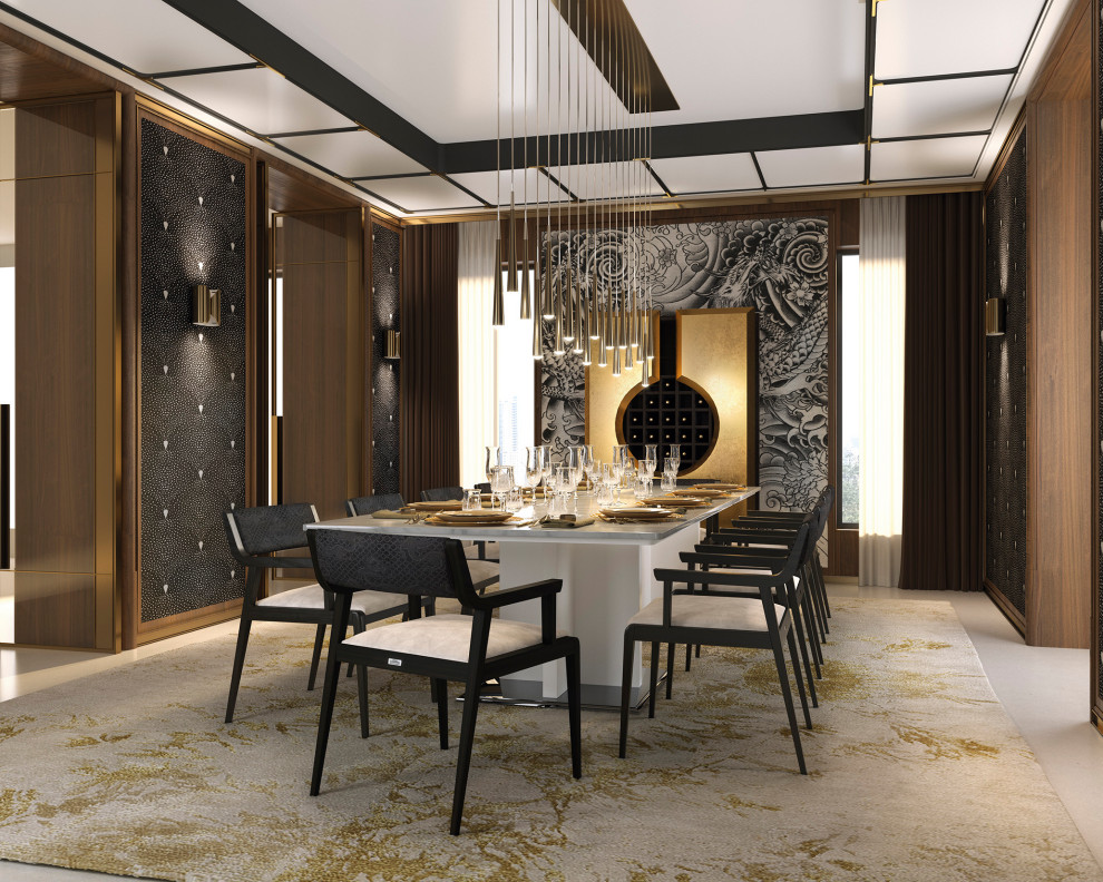 Idee per una sala da pranzo contemporanea di medie dimensioni con pareti marroni, pavimento in marmo, nessun camino, pavimento beige, soffitto ribassato e pannellatura