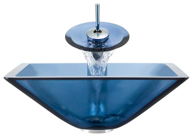 Polaris Sinks P306-AQ-WF-C Aqua Square Glass Vessel Sink and Faucet Chrome