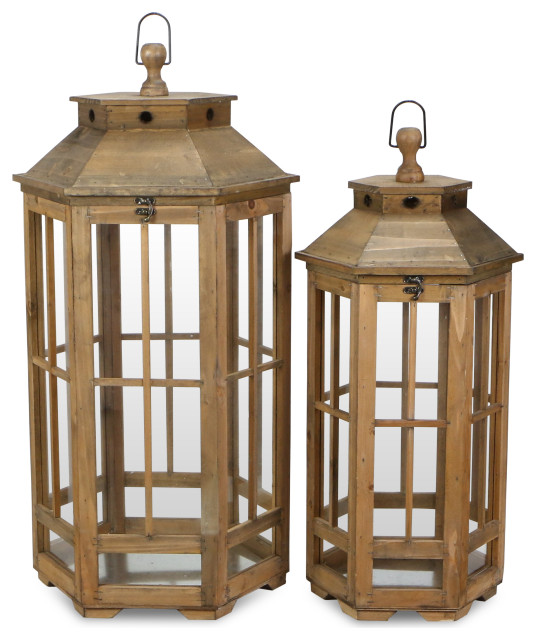 Geometric Decorative Wooden Lanterns, Set of 2 Traditional