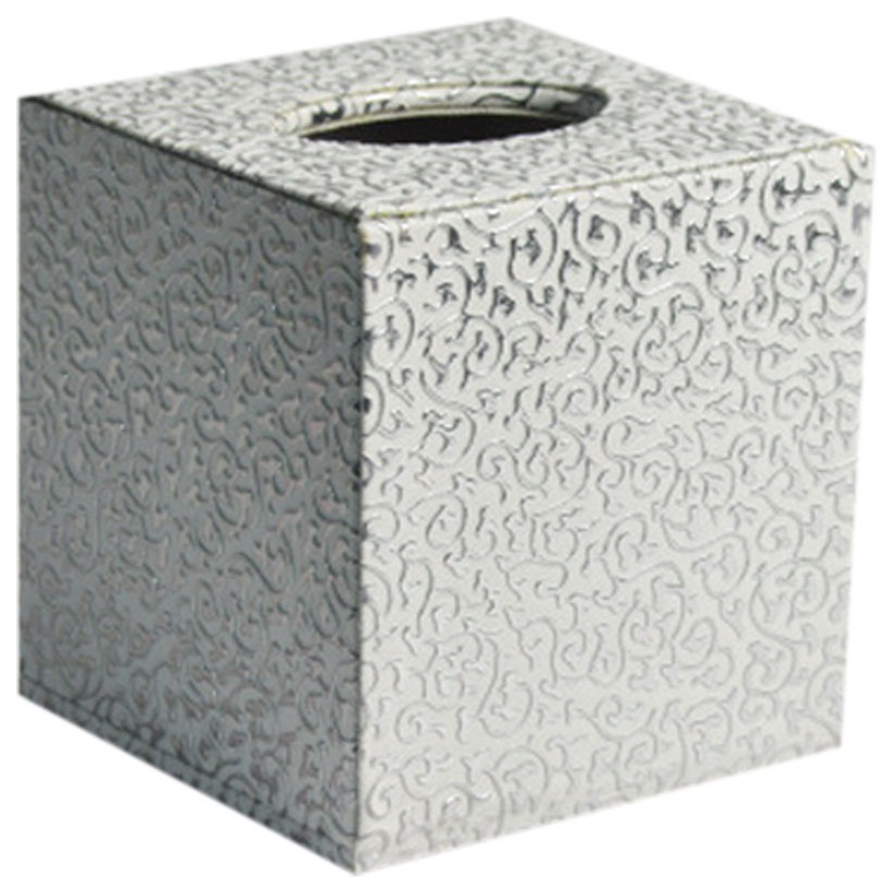 Square Cute Tissue Box Holder With Silver Carved Patterns , Silver