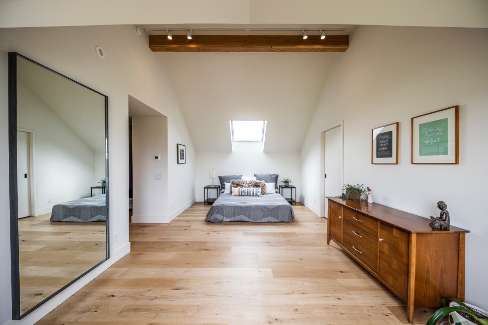 Inspiration for a mid-sized contemporary master light wood floor, white floor and vaulted ceiling bedroom remodel with white walls