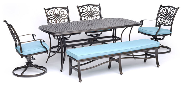 Traditions 6-Piece Dining Set, Blue With Cushioned Bench and Cast-Top Table