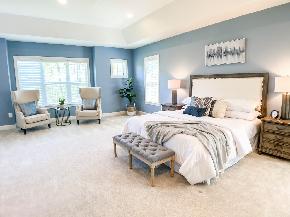 Expansive transitional master bedroom in DC Metro with blue walls, carpet, no fireplace and white floor.