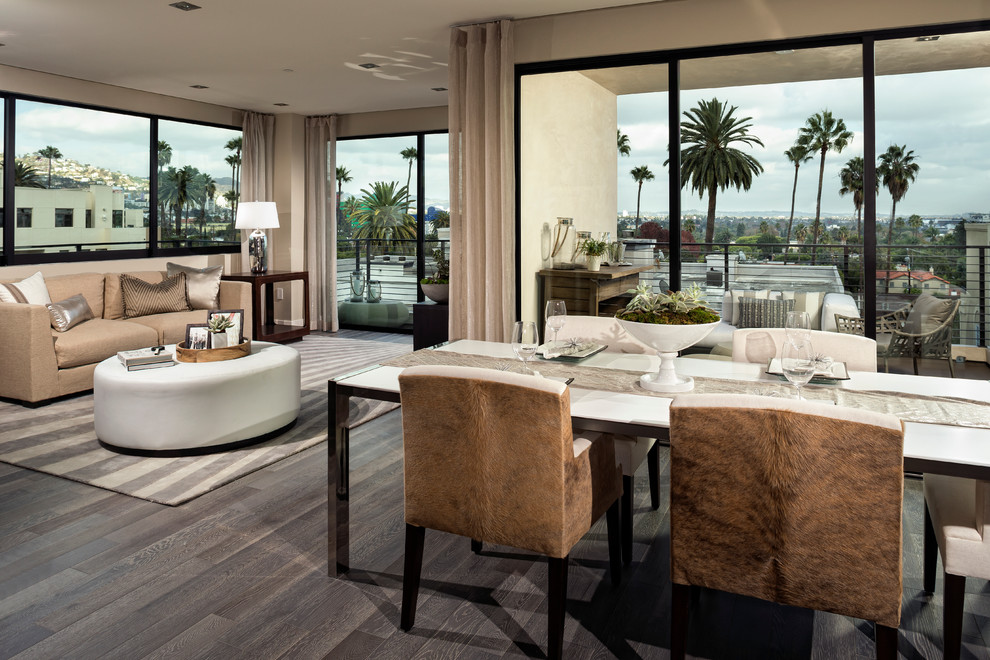 Inspiration for a large contemporary open plan dining in Los Angeles with beige walls, bamboo floors and no fireplace.