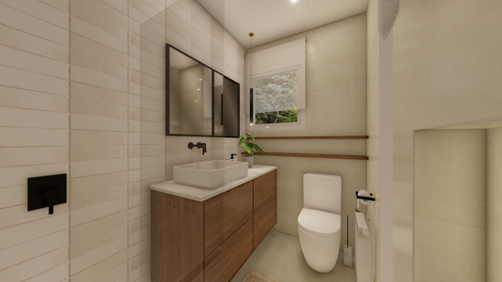 Cette image montre un petit WC et toilettes minimaliste avec des portes de placard beiges, un carrelage beige, des carreaux de céramique, un mur multicolore, un sol en vinyl, un plan vasque, un plan de toilette en quartz, un sol marron, un plan de toilette blanc et meuble-lavabo sur pied.