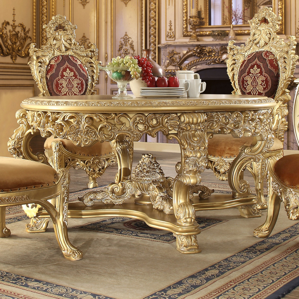 GRAND REGAL STYLE METALLIC BRIGHT GOLD FINISH 5 PIECE ROUND DINING TABLE SET