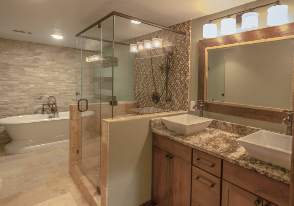 Inspiration for a large rustic walk-out limestone floor bathroom remodel in Denver with a stone fireplace, green walls and no fireplace