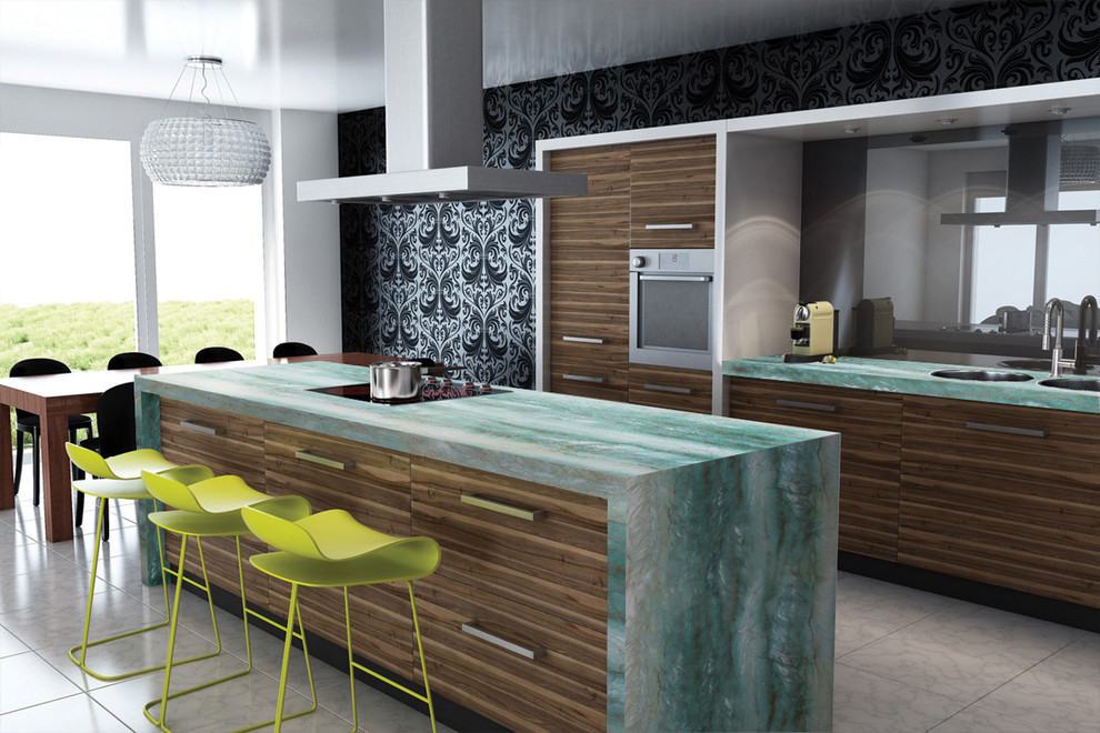 Mid-sized contemporary galley separate kitchen in Miami with an undermount sink, flat-panel cabinets, brown cabinets, quartzite benchtops, stainless steel appliances, ceramic floors, with island, grey floor and turquoise benchtop.