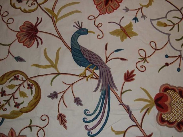 Crewel Fabric Peacock Alley Off White Cotton Duck