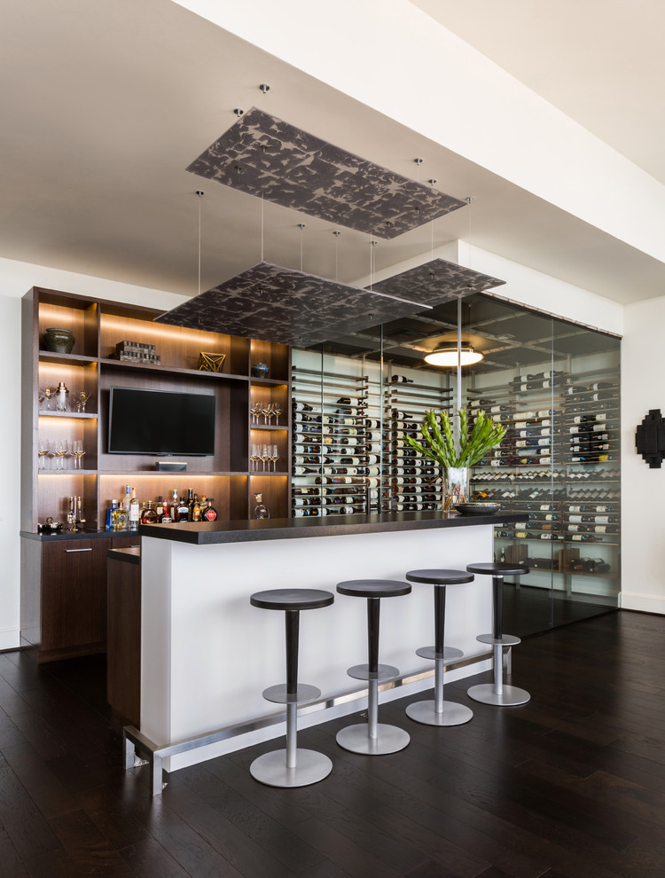 Inspiration for a contemporary wine cellar in Houston with dark hardwood floors and display racks.