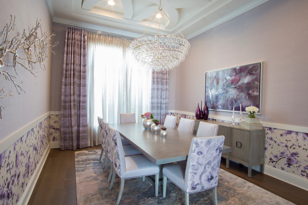 Photo of a mid-sized transitional separate dining room in Miami with grey walls, medium hardwood floors and grey floor.