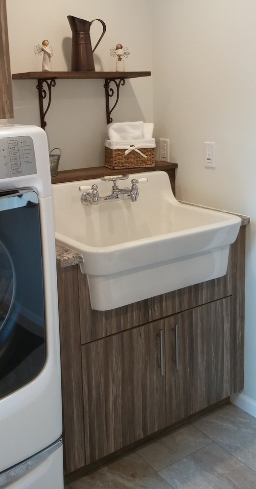Transitional laundry room in Other with a farmhouse sink, flat-panel cabinets and a side-by-side washer and dryer.