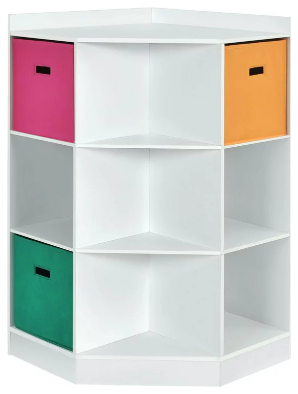 Corner Bookcase, Triangle Center Shelves & 6 Open Cubbies With 3 Baskets, White Contemporary