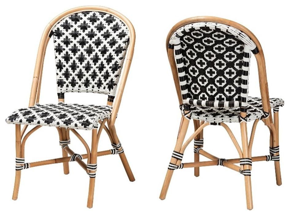 Baxton Studio Ambre French Black and White Weaving Natural Rattan Bistro Chair