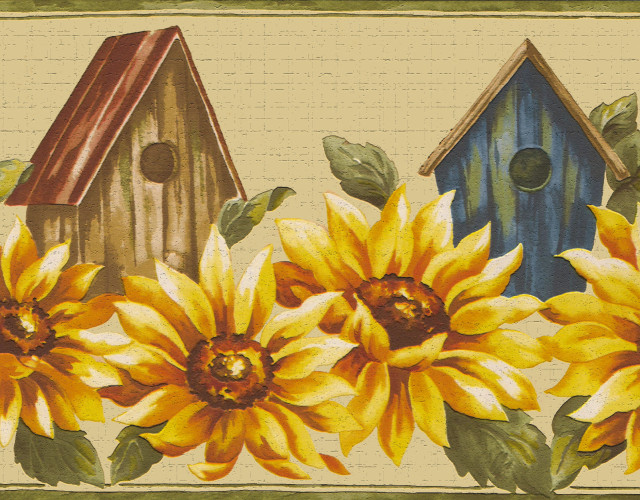 Birdhouses, Sunflowers Peel and Stick Wallpaper Border 15'x7