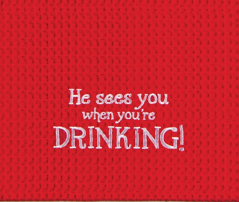 He Sees You When You're Drinking Red Holiday Kitchen Towel Waffle Weave 27 Inch